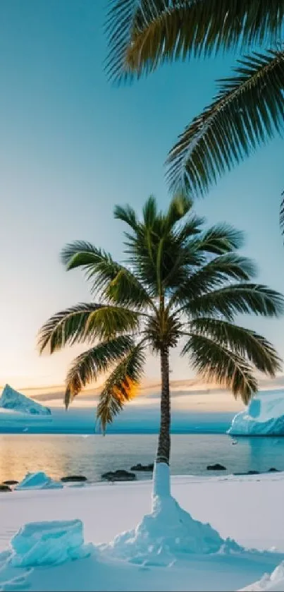 Palm tree amidst icy landscape with icebergs.