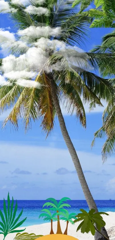 Tropical beach with palm trees and blue ocean under a clear sky.