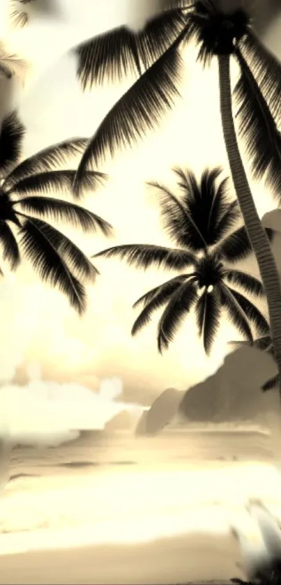 Sepia-toned beach with palm trees under a calm sky.