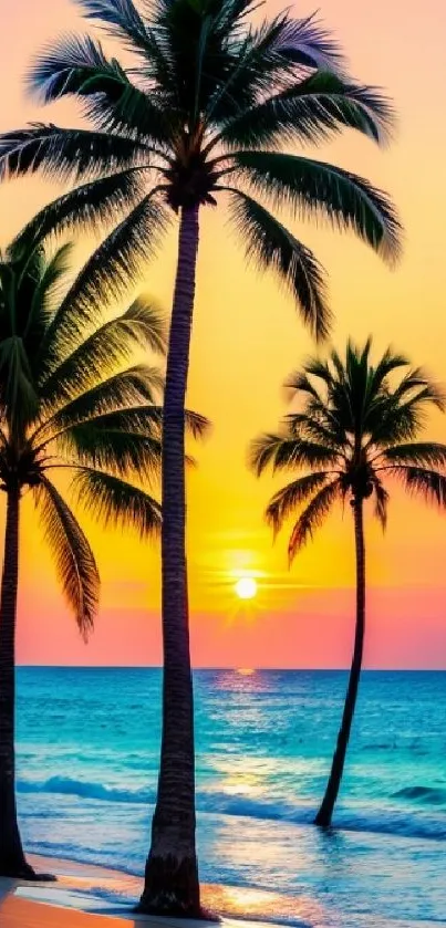 Tropical beach sunset with palm trees and vibrant skies.