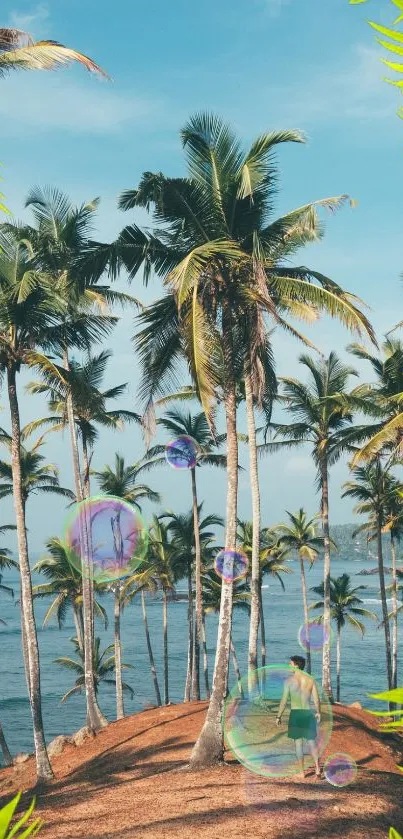 Tropical beach scene with palms and ocean view.