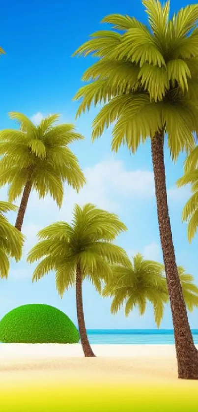 Tropical beach scene with palm trees and blue sky.