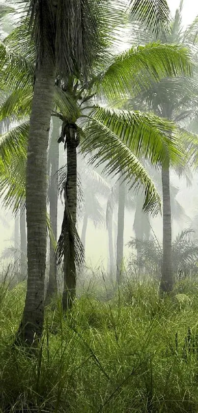 Lush palm forest with misty atmosphere, showcasing vibrant green foliage.