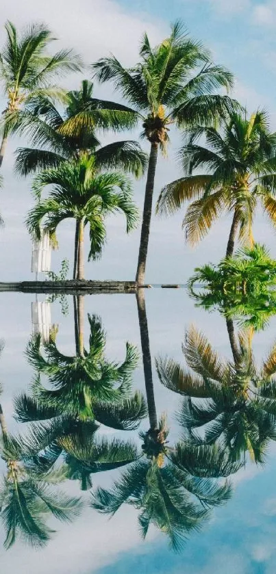 Palm trees reflecting on tranquil water under a blue sky.