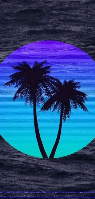 Silhouetted palm trees against a vibrant blue gradient circle.