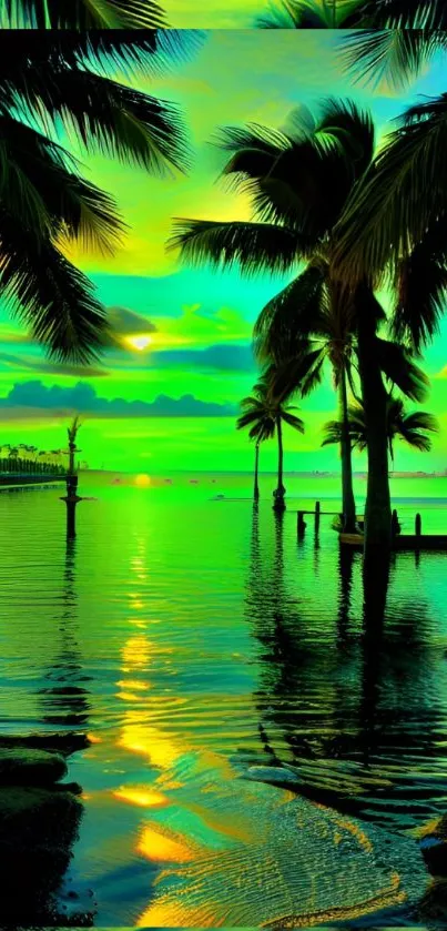 Vibrant tropical sunset with palm trees and ocean reflection.
