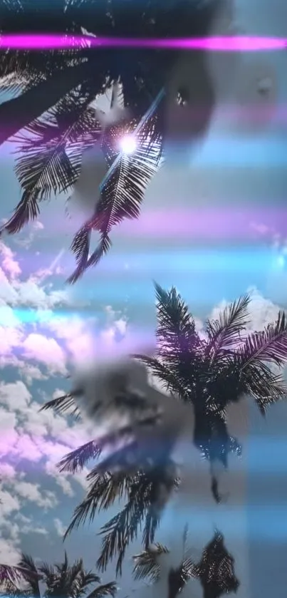 Tropical palm trees with neon sky effects creating a serene and modern vibe.