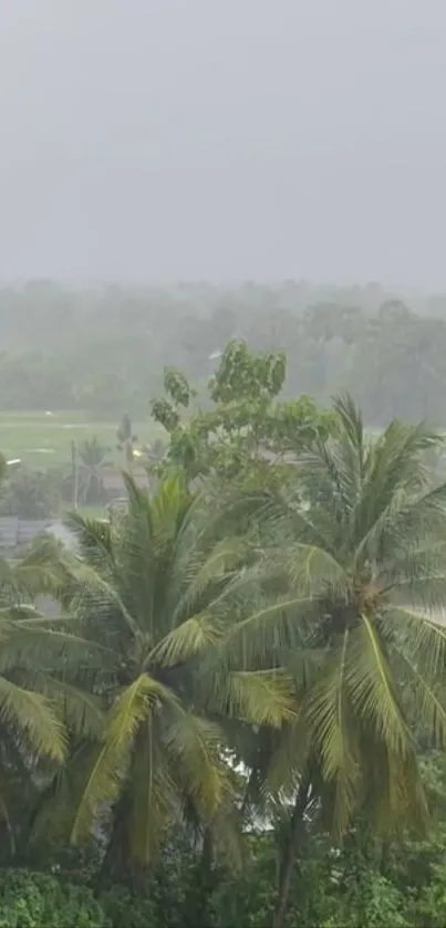 Tropical palm trees with misty green landscape.