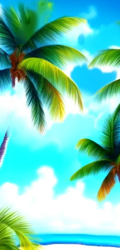 Colorful tropical palm tree wallpaper with bright blue sky.