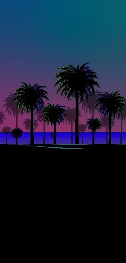 Tropical palm trees silhouette at sunset with vibrant gradient background.