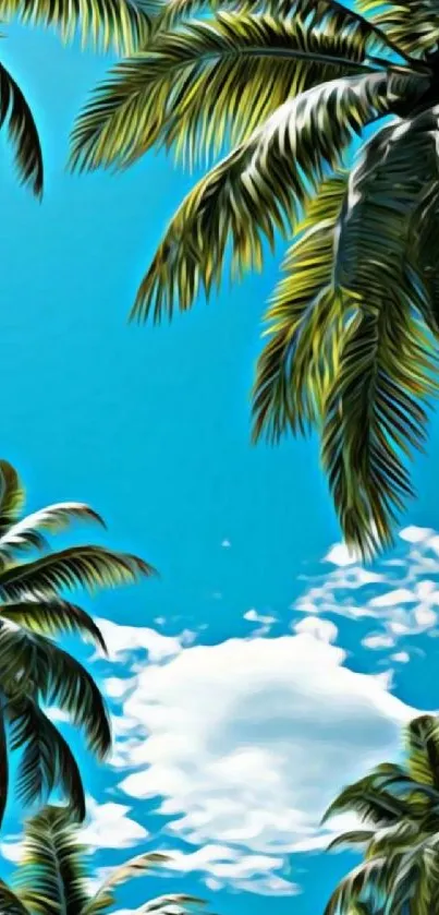 Tropical palm trees under a serene blue sky with white clouds.