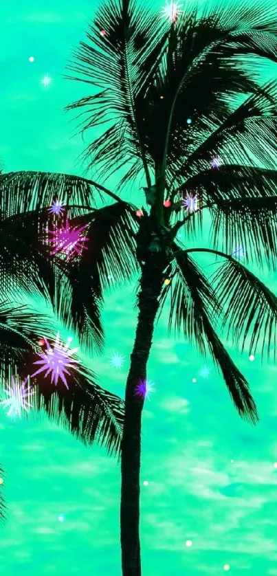 Tropical palm trees silhouetted against a bright teal sky background.