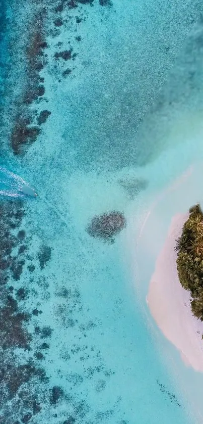 Aerial view of a tropical island with turquoise waters and lush greenery.