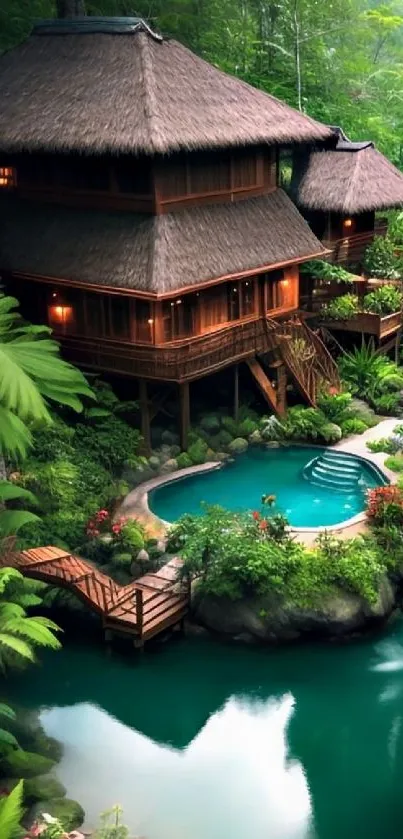 Tropical bamboo house with pool amid lush green forest