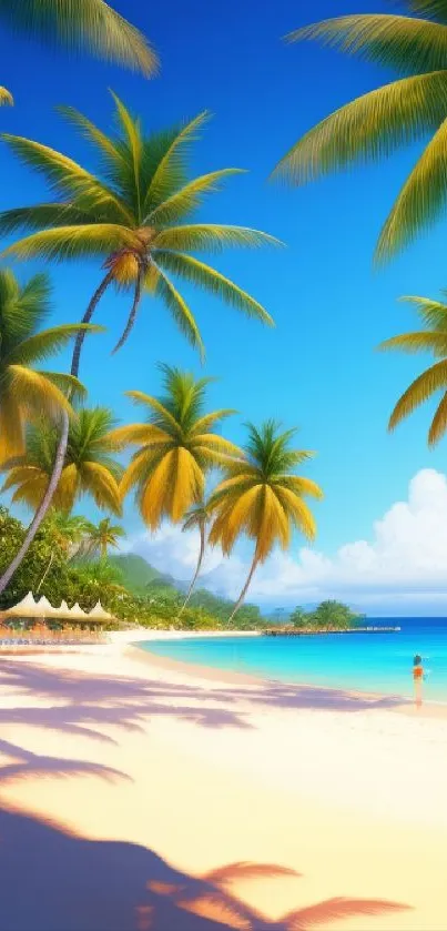 Tropical beach scene with palm trees and bright blue sky.