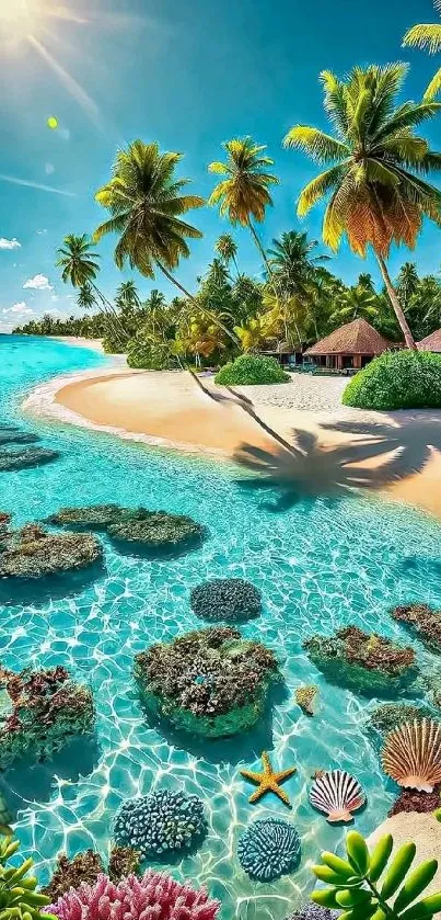Tropical beach with palm trees and clear turquoise water.