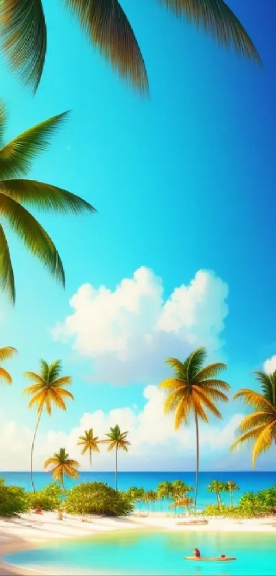 Tropical beach with palm trees under a clear blue sky.