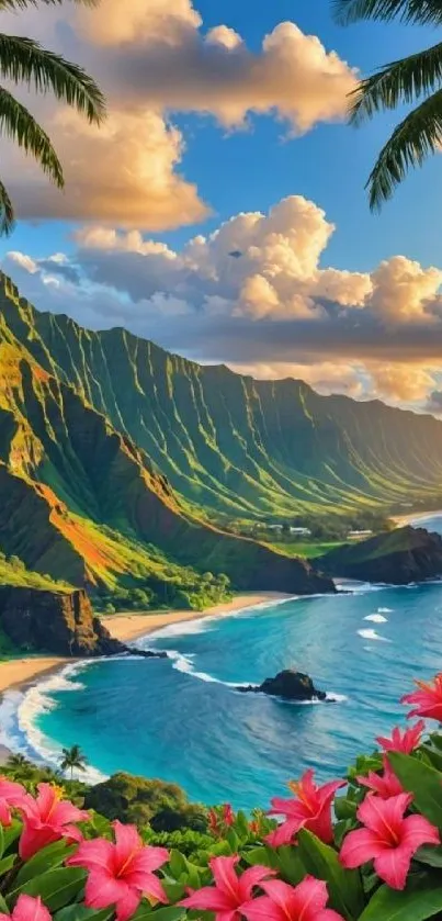A vibrant tropical coastal view with palm trees and pink flowers.