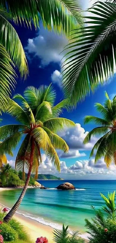 Tropical beach scene with palm trees and blue ocean under a vibrant sky.