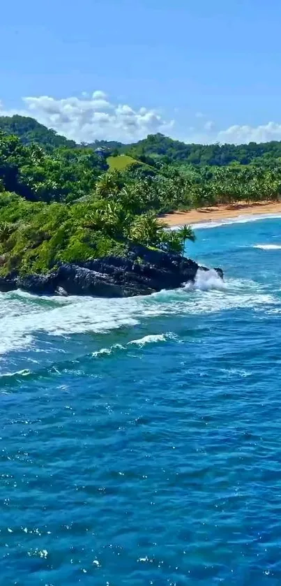 A serene tropical beach with green foliage and azure blue ocean waves.