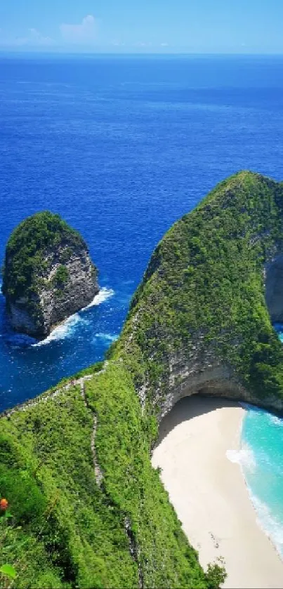 Tropical beach with azure waters and lush green cliffs under a bright blue sky.