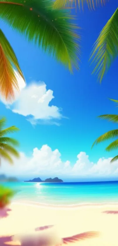 Tropical beach wallpaper with palm trees and a bright blue ocean.