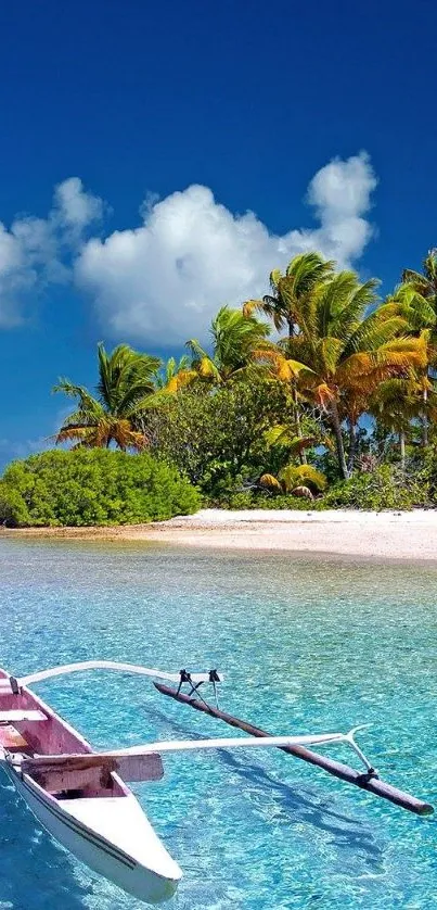 Tropical beach with a boat and clear blue waters under a bright sky.