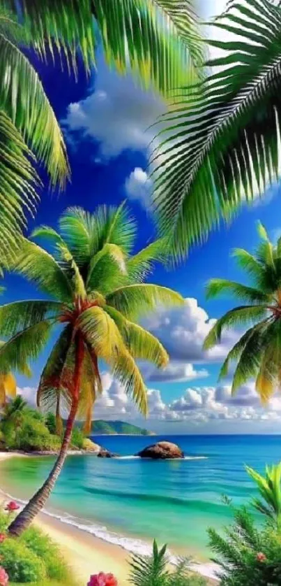 Tropical beach with palm trees and clear blue ocean under a sunny sky.