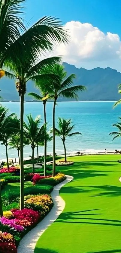 Tropical beach with palm trees and vibrant flowers