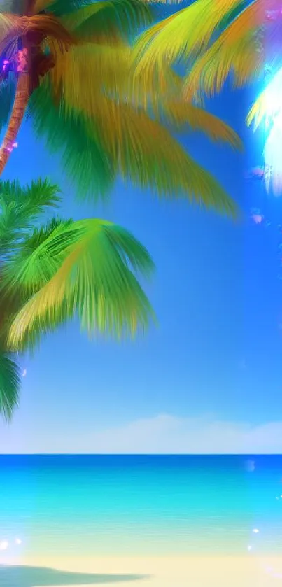 Tropical beach with palm trees and blue ocean.