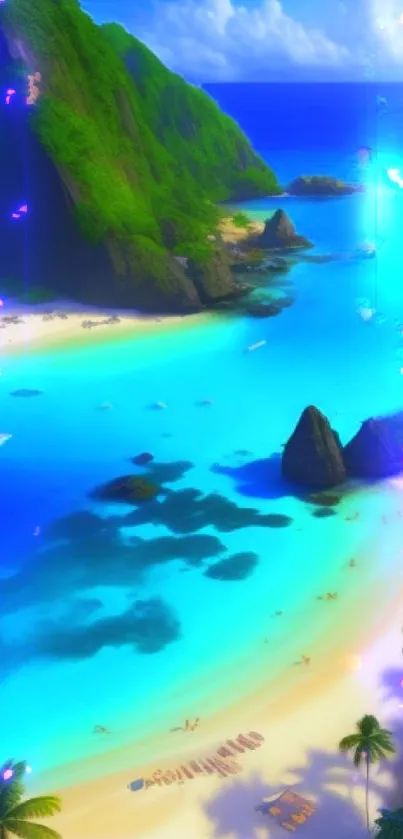A vibrant tropical beach with lush greenery and clear blue waters.