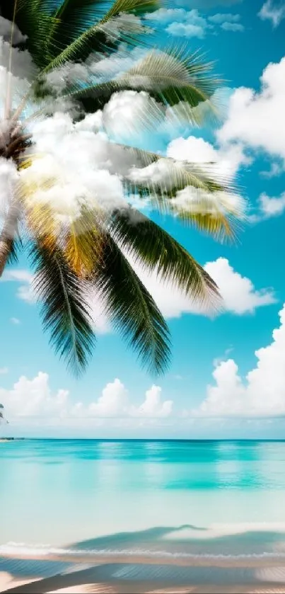 Vibrant tropical beach with turquoise water and palm trees under a blue sky.