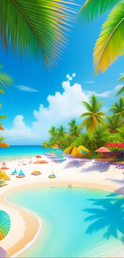 Vibrant tropical beach with palm trees and colorful umbrellas under a sunny sky.