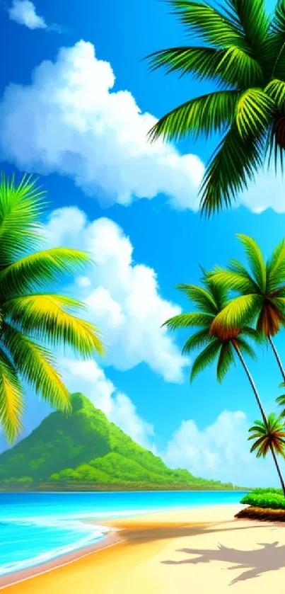 Vibrant tropical beach scene with palm trees and blue sky.