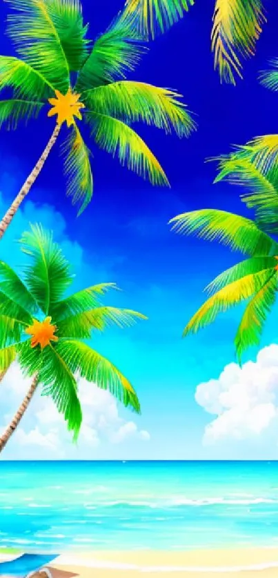 Tropical beach with palm trees and ocean view in bright colors.