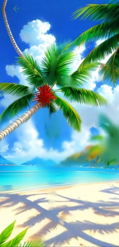 Tropical beach scene with palms and clear blue skies in vibrant colors.