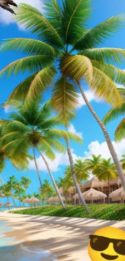 Tropical beach with palm trees and ocean in a sunny paradise scene.