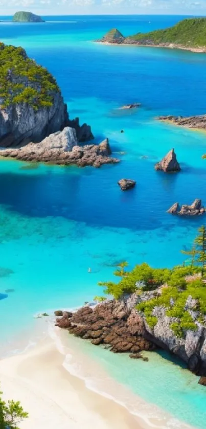 Tropical beach with turquoise waters and lush green islands.