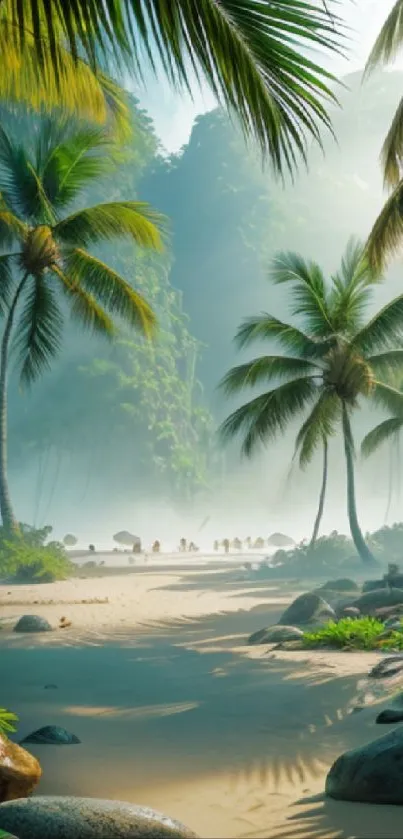 Serene tropical beach with palm trees and sandy shore.