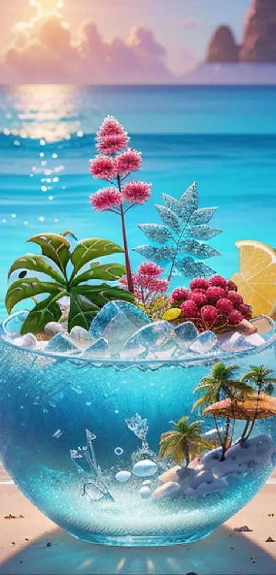 Tropical beach scene with a colorful cocktail by the ocean at sunset.