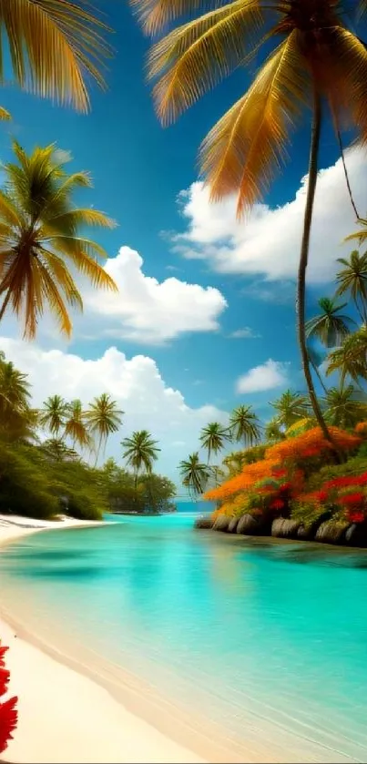 Tropical beach with turquoise water and palm trees under blue skies.