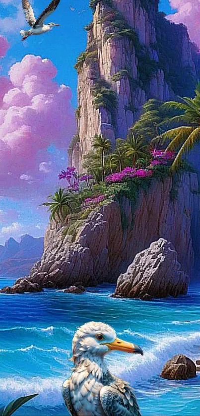 Vibrant tropical beach with palms and ocean view, perfect for wallpaper.