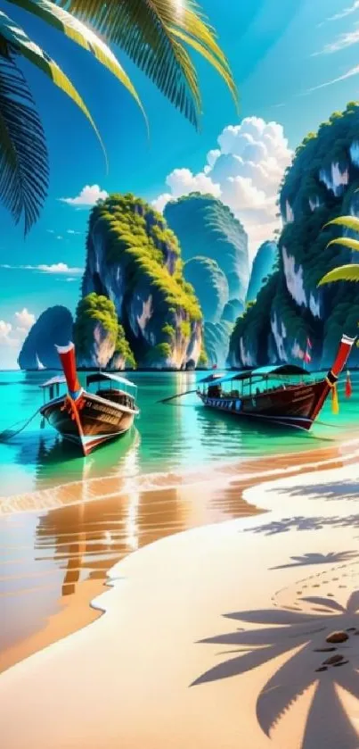 Tropical beach with turquoise water, islands, and boats.