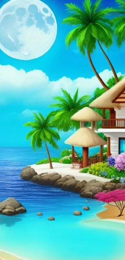 Tropical beach scene with palm trees and ocean under a bright moon.