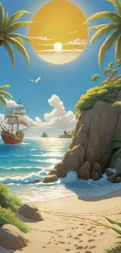 Vibrant tropical beach with palm trees and ship under a glowing sun.