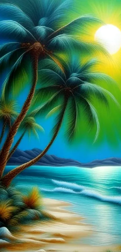Tropical beach with palm trees at sunset over the ocean.