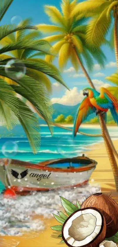 Tropical beach with palm trees and a vibrant parrot.