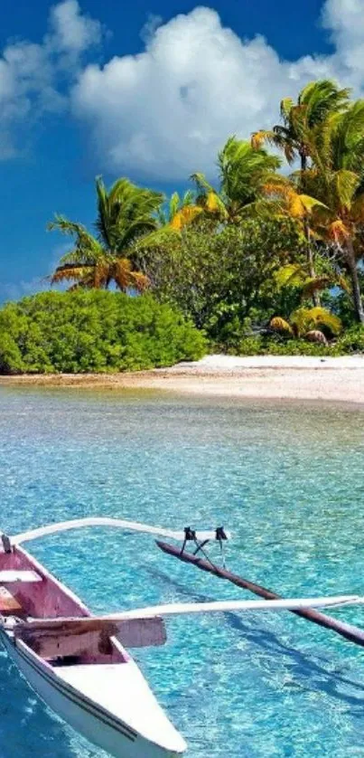 Boat on crystal-clear water by a tropical beach under a blue sky.