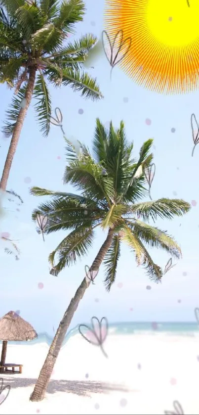 Tropical beach wallpaper with palm trees and sunny sky.