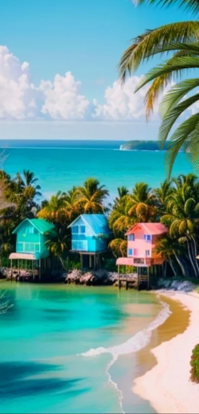 Tropical beach with colorful huts and palm trees under a bright blue sky.